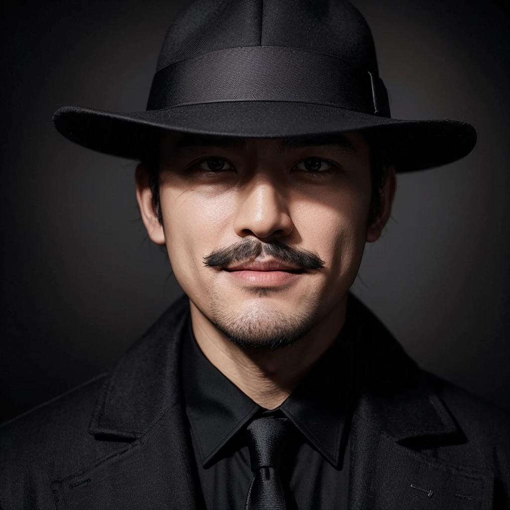 Professional photorealistic depiction of a black backgrond,a korean man slightly beard and moustache,dressed like detective completely in black ,his clothes blend completely in the background.half of his face (45 degrees from above to bottom) is visible and one strand of his slightly chubby face,the rest in covered by the big hat detective, it blends into the background,the expression of a small smile,satisfaction from solving the case.4K,ULTRA HD,PHOTOGRAPHY