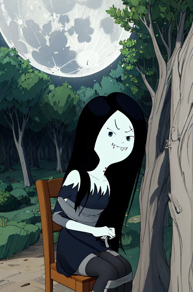 marceline, 1girl, long hair,solo, black hair, dress, striped,striped pantyhose, black eyes, bite mark, dot eyes, very long hair, fangs, colored skin, tree, barefoot, forest, grey skin,night,moon,sit tied to a chair, looking at viewer, upper body, full body ,