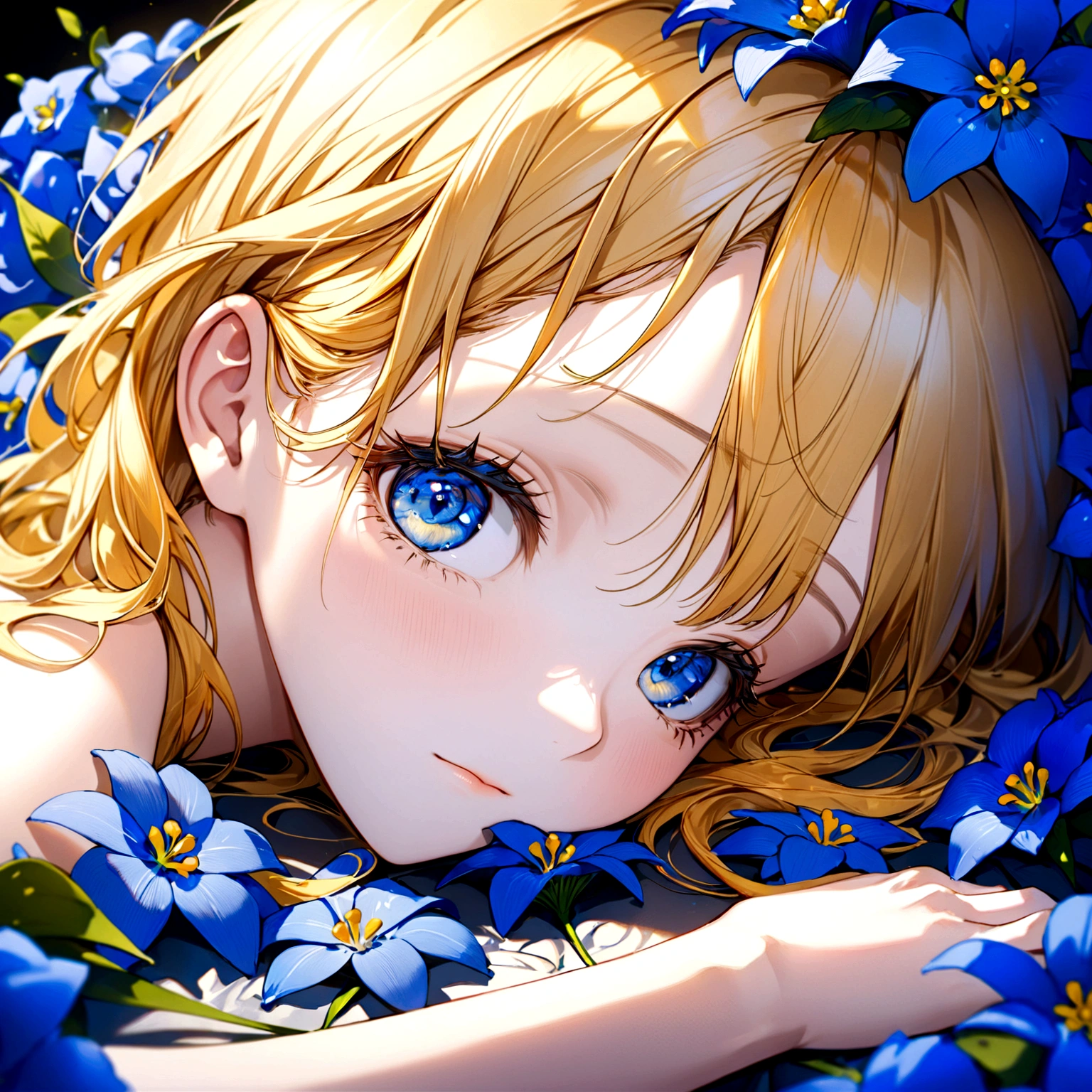 ((masterpiece:1.2, best quality)), (close-up:1.2), (head-shot:1.36), (perfect proportion, perfect face), ultra detailed, Ultra-precise depiction, Ultra-detailed depiction, dramatic lighting, 1girl, solo, yellow hair, blue eyes, laying on blue flowers