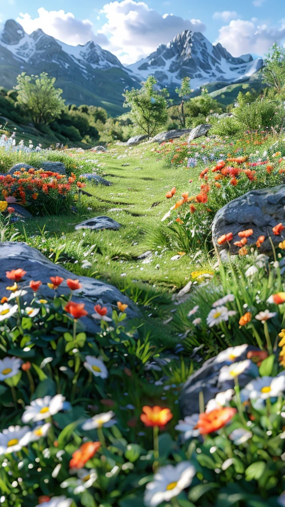 (masterpiece:1.2),best quality,highres,extremely detailed CG,perfect lighting,8k wallpaper,e-commerce photography,close-up,bokeh,in a meadow,blue_sky,white clouds,flowers,moss,beautiful view,dreamlike,bright color,caodi,scenery,