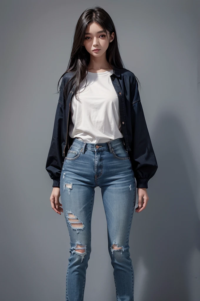 girl with a perfect figure and blue short jean, long hair, high contrast (Natural skin texture, Hyperrealism, Soft Light, sharp), portrait, full body, standing