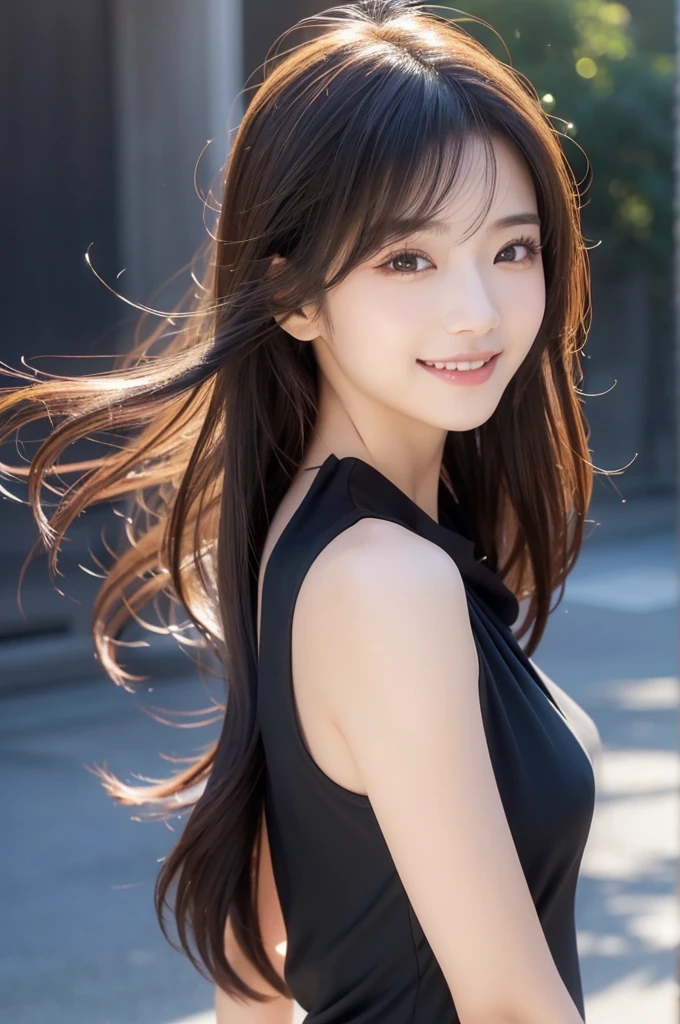 Image resolution 8K、masterpiece:1.3)、Beauty、1 female、(魅力的なBody Type:1.2)、abdomen:1.1、Dark brown hairstyle:1.1、(Body Type:1.2)、Ultra-detailed face、Attractive lips、double eyelid,Wearing a black silk one-piece dress、Super realistic and super cute in every detail、Japanese、Japanese女性、20th generation(28 years old)、Smile with a beautiful smile、Hair blowing in the wind、color々Hair style、Light shining from behind、Black background、