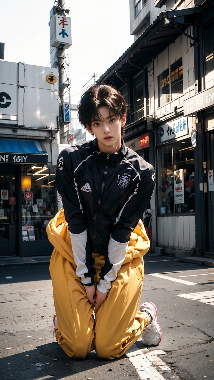 masterpiece,best quality, (Frontal upward perspective),(A well-built 18-year-old tall boy:1.2), (Kneeling upright on the street:1.2),Orange tight cycling suit,male,(Broad shoulders),Muscular shoulders,(Extremely strong body),Fitness,Inverted triangle figure,Biceps, Muscular body,muscle veins,Small head,(Handsome and cute face),V-Shaped Face,Perfectly detailed facial features,sports shoes,Looking at the camera,An angry and serious expression,leaning back,head tilt, happy, very short hair, brown hair,(looking at viewer:1.2),Wide-angle lens