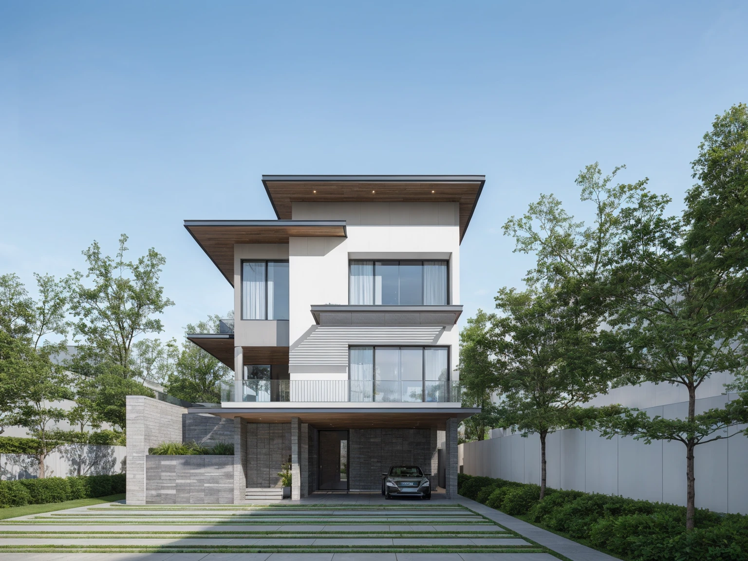 RAW photo, Exterior of two story white modern house, road, ((sidewalk)), ((sidewalk trees)), residences area, day time, tropical trees and plants, (high detailed:1.2), 8k uhd, dslr, soft lighting, high quality, film grain, Fujifilm XT3)