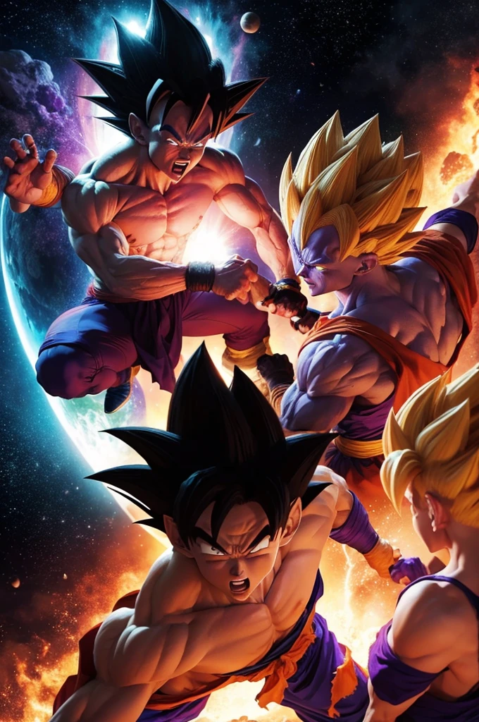 Goku, Frieza and Vegeta fighting in the universe.