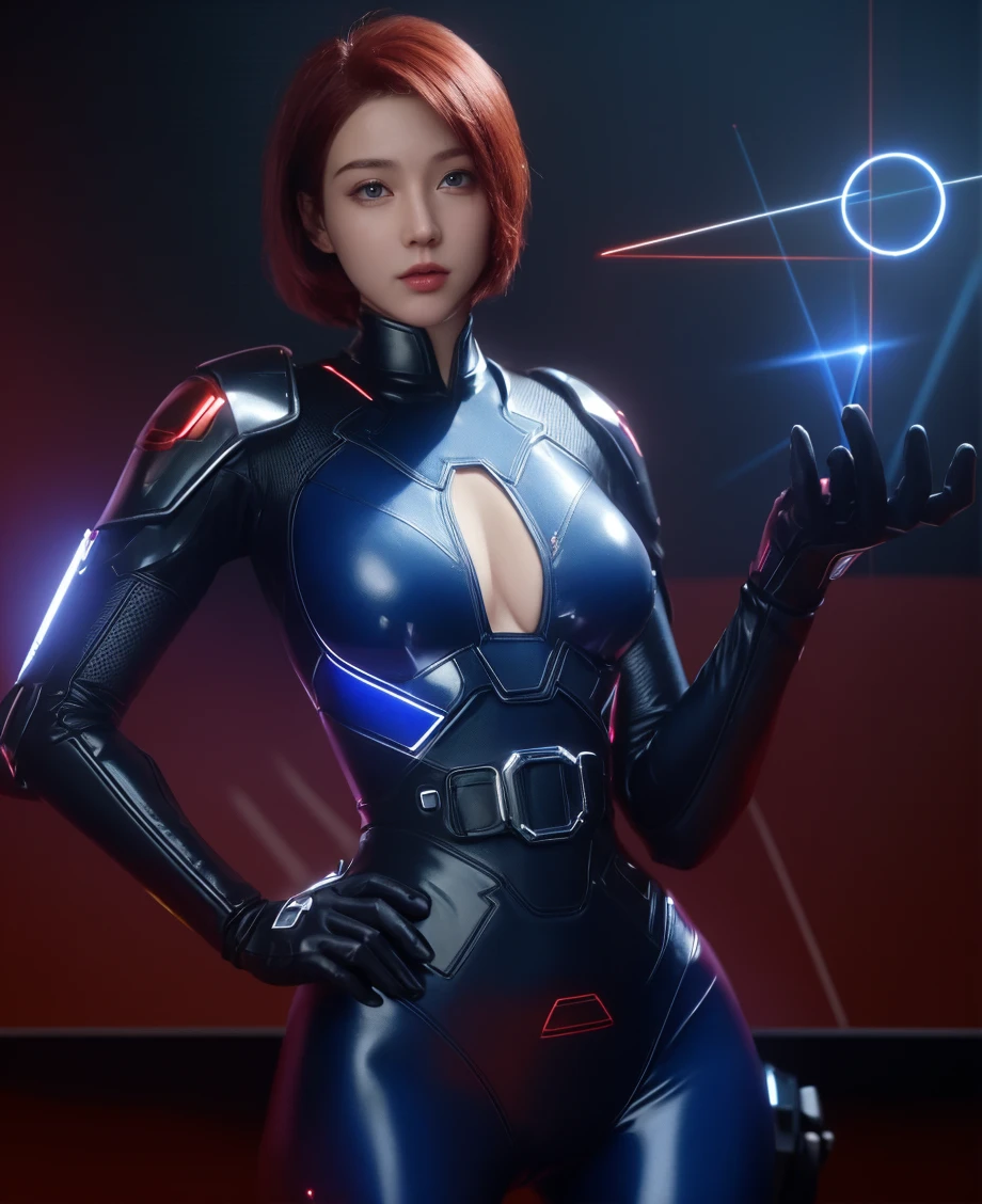 sexy korean emo girl with dyed hair in a full sci-fi racing suit scantily clad