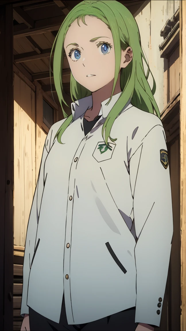 green eyes, (green hair),wavy hair,  uniform,one girl, alone,very beautiful, best quality, great quality, curated, shape, highly detailed, anime coloring,highly detailed, official art, warm tones, sun flare, soft shadows, vibrant colors,highly detailed, official art,((hairstyle with bangs)),