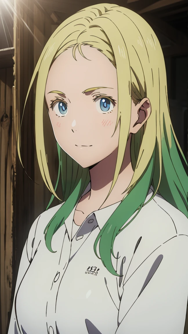 green eyes, (green hair),wavy hair,  uniform,one girl, alone,very beautiful, best quality, great quality, curated, shape, highly detailed, anime coloring,highly detailed, official art, warm tones, sun flare, soft shadows, vibrant colors,highly detailed, official art,((hairstyle with bangs)),