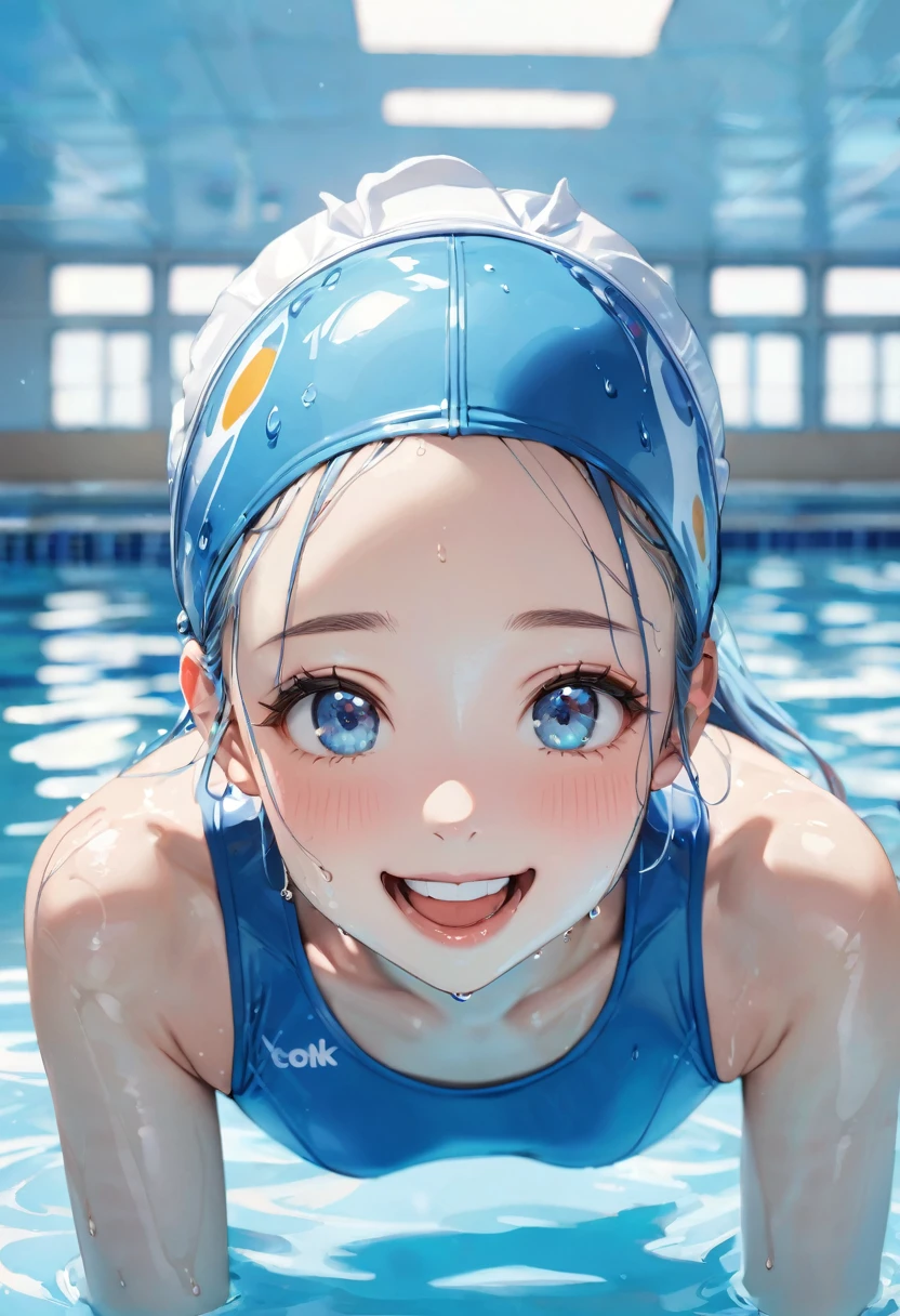 (Swimming Style), (Wet Skin, solo:2, 15 yo forehead blue hair long hair cute girl, lovely blue eyes, cute open mouth, glossy lips, ecstasy smile), (in a One piece swimsuit,  swimcap), break, in the School swimming pool, BREAK, perfect anatomy, masterpiece, best quality, 16k, beautiful detailed grow, daydreaming expression.