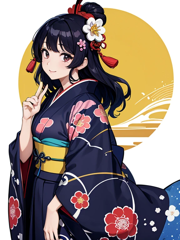 (Highest quality、masterpiece、High resolution、8K)、Ukiyo-e、Vibrant colors、Katsushika Hokusai、1 female、Black hair Japanese topknot、whole body、The kimono has a vivid floral pattern on a white background.、Official Art、背景はUkiyo-e風、White waves and Mt. Fuji、Flowers and Moon、White waves and the moon