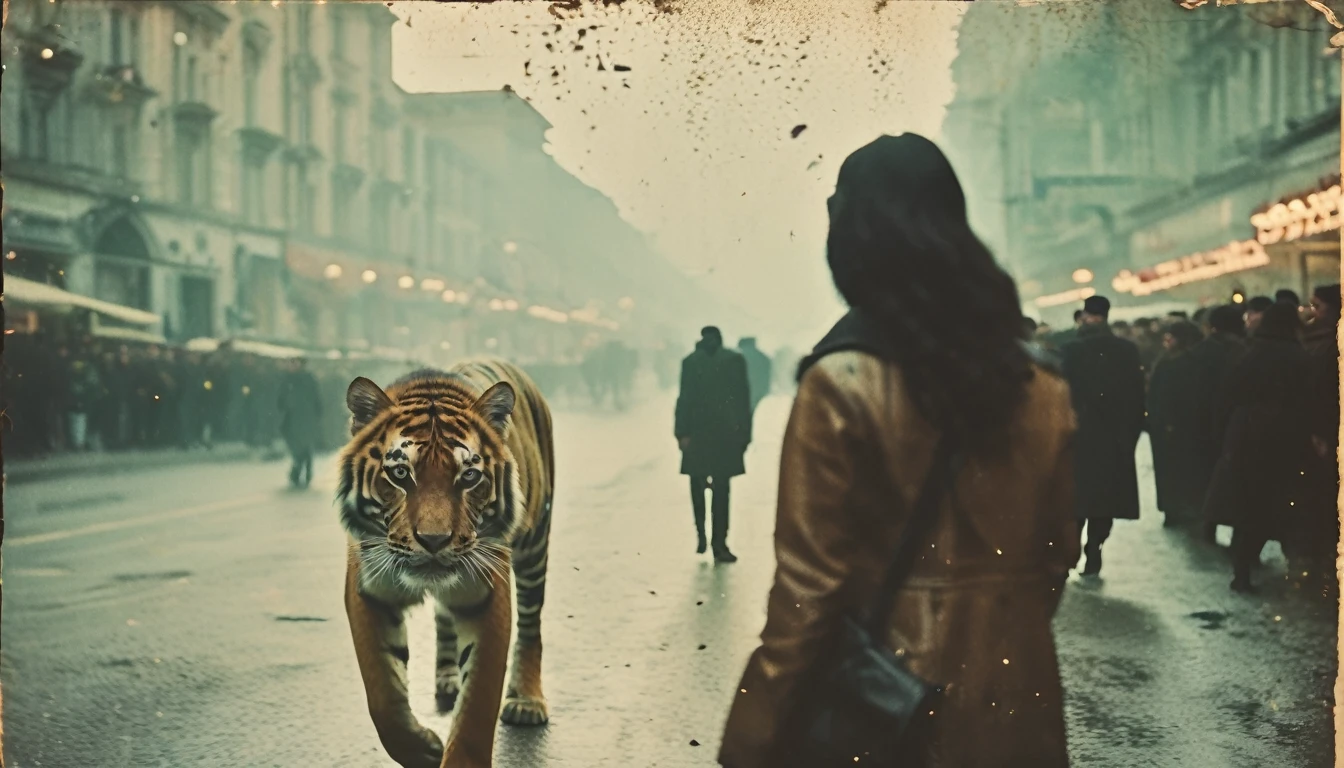 35mm vintage street photo of a girl standing on a giant tiger walking in the street, bokeh, professional