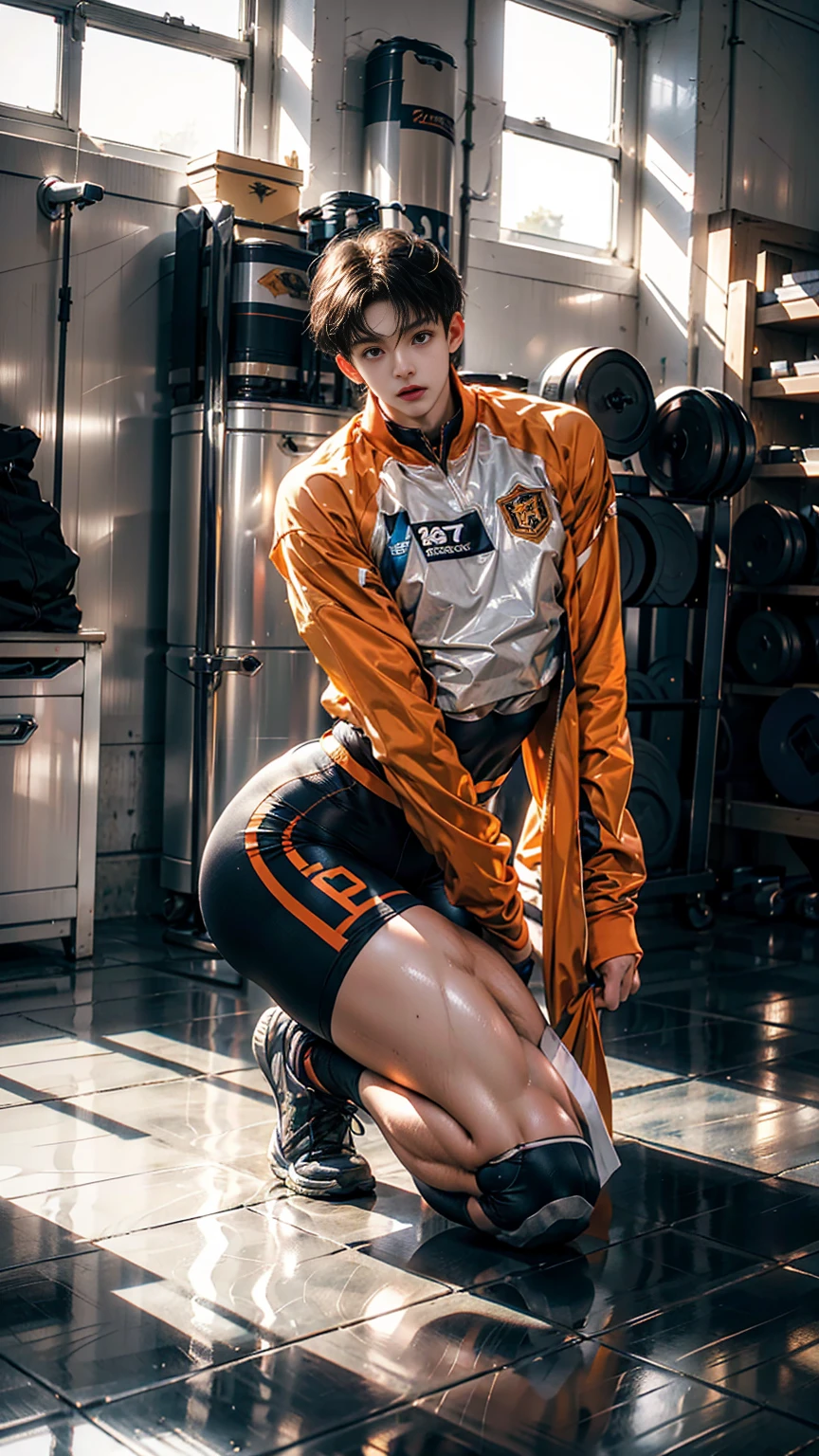 masterpiece,best quality, (A well-built 18-year-old tall boy:1.2), (Kneeling upright indoors:1.2),Absurdly large physique，Orange tight cycling suit,male，(Broad shoulders),Muscular shoulders，（Extremely strong body），Fitness，Inverted triangle figure，Biceps，（Frontal upward perspective）， Muscular body，Small head，（Handsome and cute face），V-Shaped Face，Perfectly detailed facial features,sports shoes，Looking at the camera，An angry and serious expression，leaning back,head tilt, happy, very short hair, brown hair,(looking at viewer:1.2)，Anatomically correct，Wide-angle lens