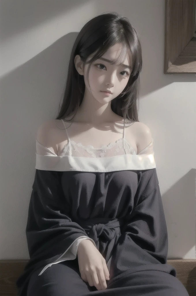 Best quality, masterpiece, ultra high res, (photorealistic:1.4), raw photo, (Authentic skin texture:1.3), (film grain:1.3), panorama, character portrait, very wide shot, narrow waist, cowboy shot, (in the dark, deep shadow, low key, cold light,) night, close-up,
indoor, dust, Tyndall effect, sad, disappointed, gloom (expression), sitting, (against wall), crying, frown, (head bowed), nervous, tearing up, lonely,
1girl, beautiful detailed eyes and face, white jabot, off shoulder, brown eyes,