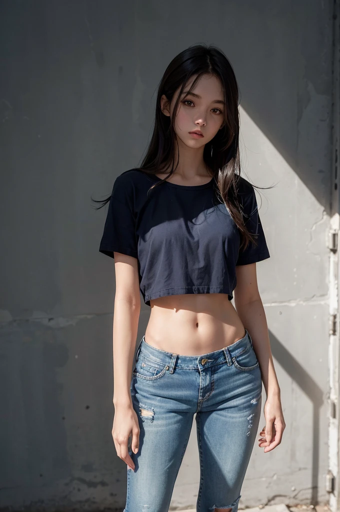 girl with a perfect figure and blue short jean, long hair, high contrast (Natural skin texture, Hyperrealism, Soft Light, sharp), portrait, full body, standing