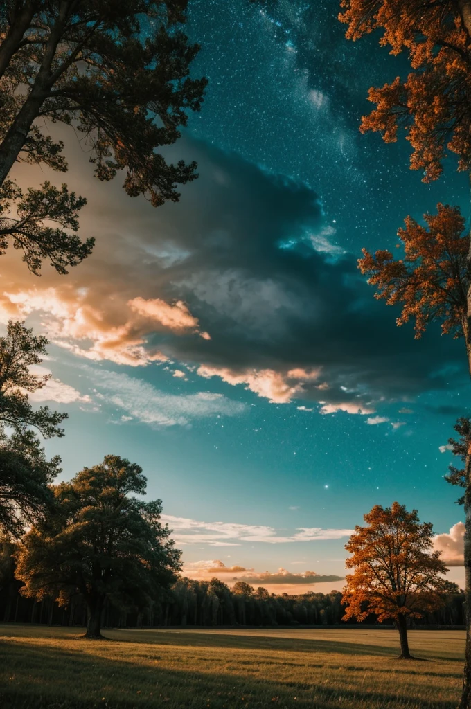 A landscape scenery with trees and bluish and orangish cloudy skies with a hint of tiny stars