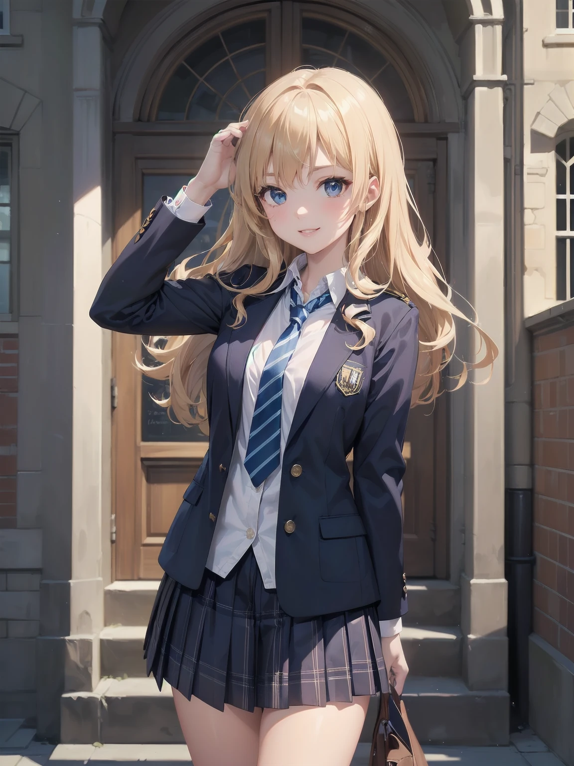 (Masterpiece: 1.2), (top quality: 1.2), highest resolution, very detailed. Blake. ((anime girl in preppy uniform)), transparent girl, (1, confident, 17: 1.3), charismatic smile, poised posture, wavy shoulder length hair, bright eyes, slender figure, (best quality: 1.2), very high resolution, very detailed. Expressive eyes, beautifully detailed lips, high resolution detailed hair, perfect face, clear skin, manicured hands, perfect lighting. Blake. ((preppy uniform with school emblem)), ((navy blazer, white shirt, striped tie, plaid skirt: 1.3)), knee high socks, oxford shoes. Blake. (school courtyard)), grand entrance, clock tower, students in background, (cowboy shot framing: 1.2)). Blake. ((positive: 1.3)). Blake. Digital animation art, preppy animation style illustration.