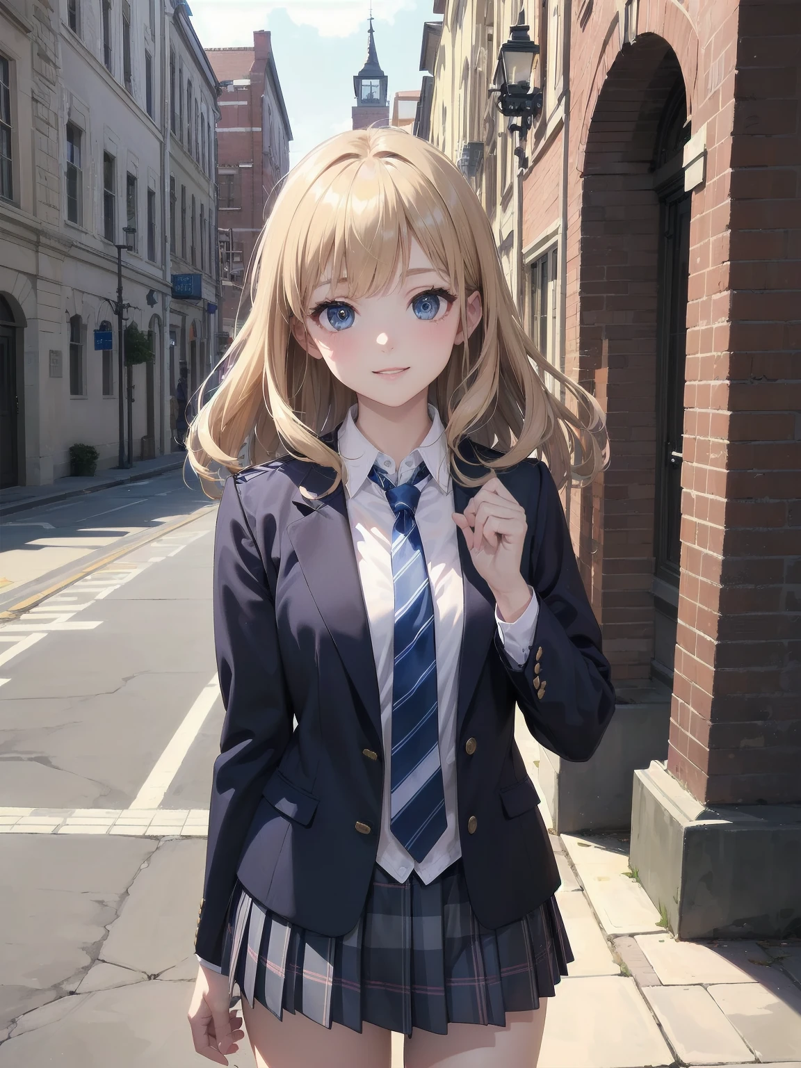 (Masterpiece: 1.2), (top quality: 1.2), highest resolution, very detailed. Blake. ((anime girl in preppy uniform)), transparent girl, (1, confident, 17: 1.3), charismatic smile, poised posture, wavy shoulder length hair, bright eyes, slender figure, (best quality: 1.2), very high resolution, very detailed. Expressive eyes, beautifully detailed lips, high resolution detailed hair, perfect face, clear skin, manicured hands, perfect lighting. Blake. ((preppy uniform with school emblem)), ((navy blazer, white shirt, striped tie, plaid skirt: 1.3)), knee high socks, oxford shoes. Blake. (school courtyard)), grand entrance, clock tower, students in background, (cowboy shot framing: 1.2)). Blake. ((positive: 1.3)). Blake. Digital animation art, preppy animation style illustration.