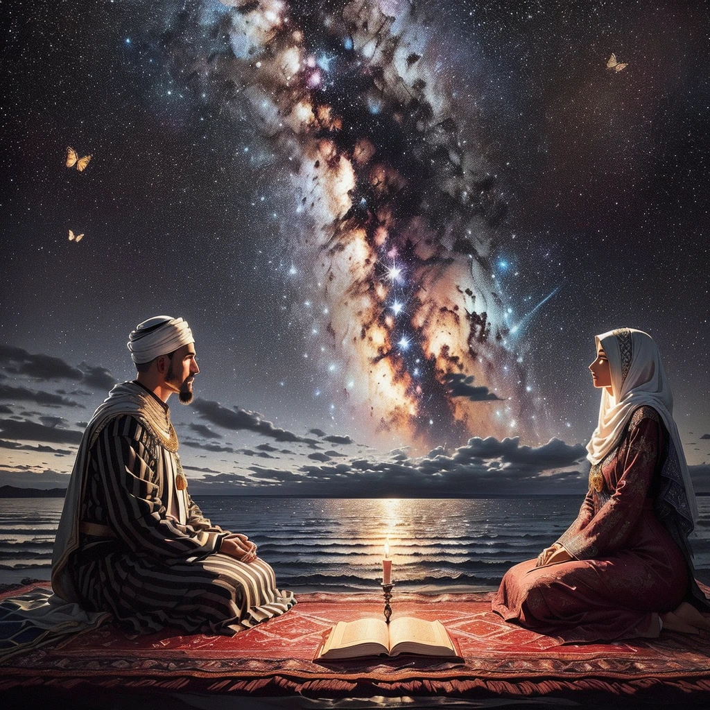 A Moroccan man and his wife are sitting on his carpet, wearing a black and white dress, praying in an Islamic way under the light of a dim candle. The painting is painted on black velvet in red and black colors. On the plains next to the sea, in the sky, the Milky Way galaxy stands out with its magnificent stars. Next to it is a book contemplating the sky, a butterfly, a sailing boat.