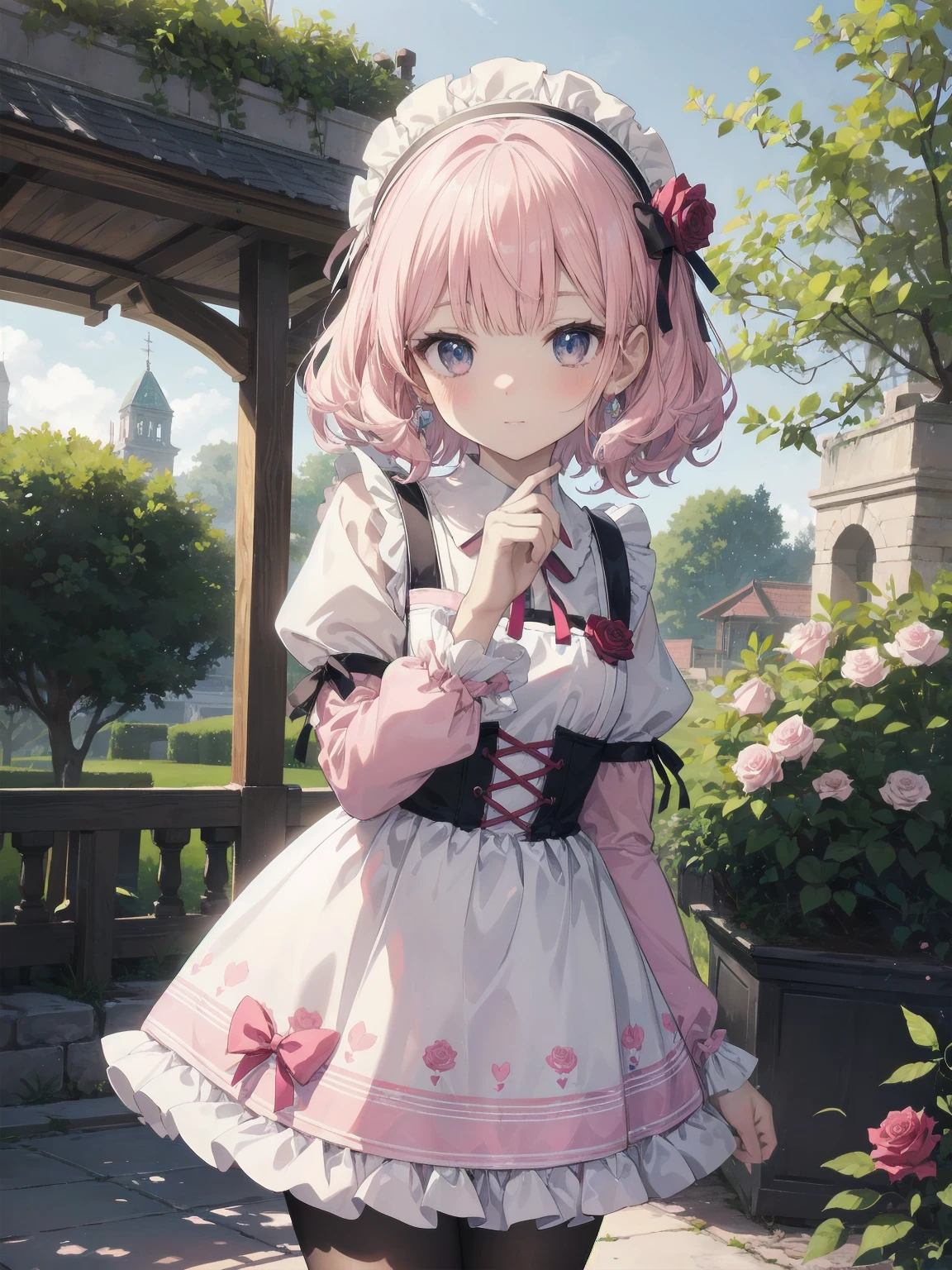 (Masterpiece: 1.2), (Best quality: 1.2), Superb resolution, Very detailed. BREAK. ((Anime girl in sweet lolita-inspired uniform)), clear girl, (1, Shy, 9 years old: 1.3), soft smile, demure pose, curly pastel hair, doe eyes, figure, (Top quality: 1.2), very high resolution, very detailed. Expressive eyes, beautifully detailed lips, high resolution detailed hair, perfect face, porcelain skin, delicate hands, perfect lighting. BREAK. ((Frilly lolita-style uniform with lace details)), ((Pink blouse with ???? sleeves, white pinafore, rose patterns: 1.3)), knee-high socks with bows, platform shoes. BREAK. (School garden), flower beds, gazebo, fountain, soft sunlight, (cowboy shot composition: 1.2). BREAK. ((Positive: 1.3)). BREAK. Digital animation art, sweet lolita anime style illustration