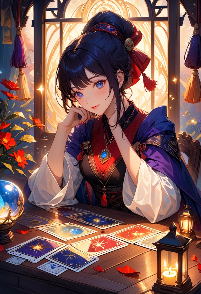 A beautiful and mysterious fortune teller,In a compact and fun environment. Fortune teller wearing cape, Delicate facial features.
The scene is dimly lit, Create an atmosphere of uncertainty and anticipation. Fortune teller sitting at the table, Decorated with tarot cards, Crystal Ball, and a deck of tarot cards. The table is surrounded by candles, Add a mysterious atmosphere.
The lights in the room were dim, Cast captivating shadows,Enhances the mysterious atmosphere. Fortune teller holding a tarot card, Gain insight into the future by observing its signs.
The overall artwork should be of the best quality, Resolution is 4k or 8k. The level of detail should be extremely detailed and realistic, Almost photorealism.
Artistic style should reflect official aesthetics, Bright colors,Strong contrast. The color tone should enhance the mysterious and mysterious theme of the artwork.
The fortune teller's cape is decorated with intricate patterns, Metal frame with thickness ratio of 1.5. also, A rose decorative border should be incorporated into the composition.
The scene should have a magical atmosphere, Like a night sky full of stars. The fortune teller's expression should convey a sense of mystery and curiosity.