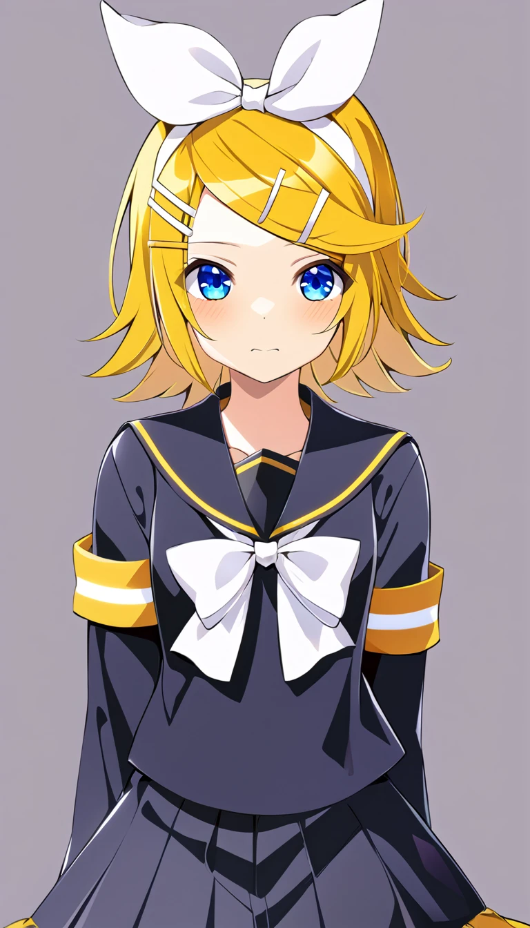 one girl, Kagamine Rin, Vocaloid, blue eyes, simple background, black sailor uniform, hair clip, hair bow, fourteen years old, cute