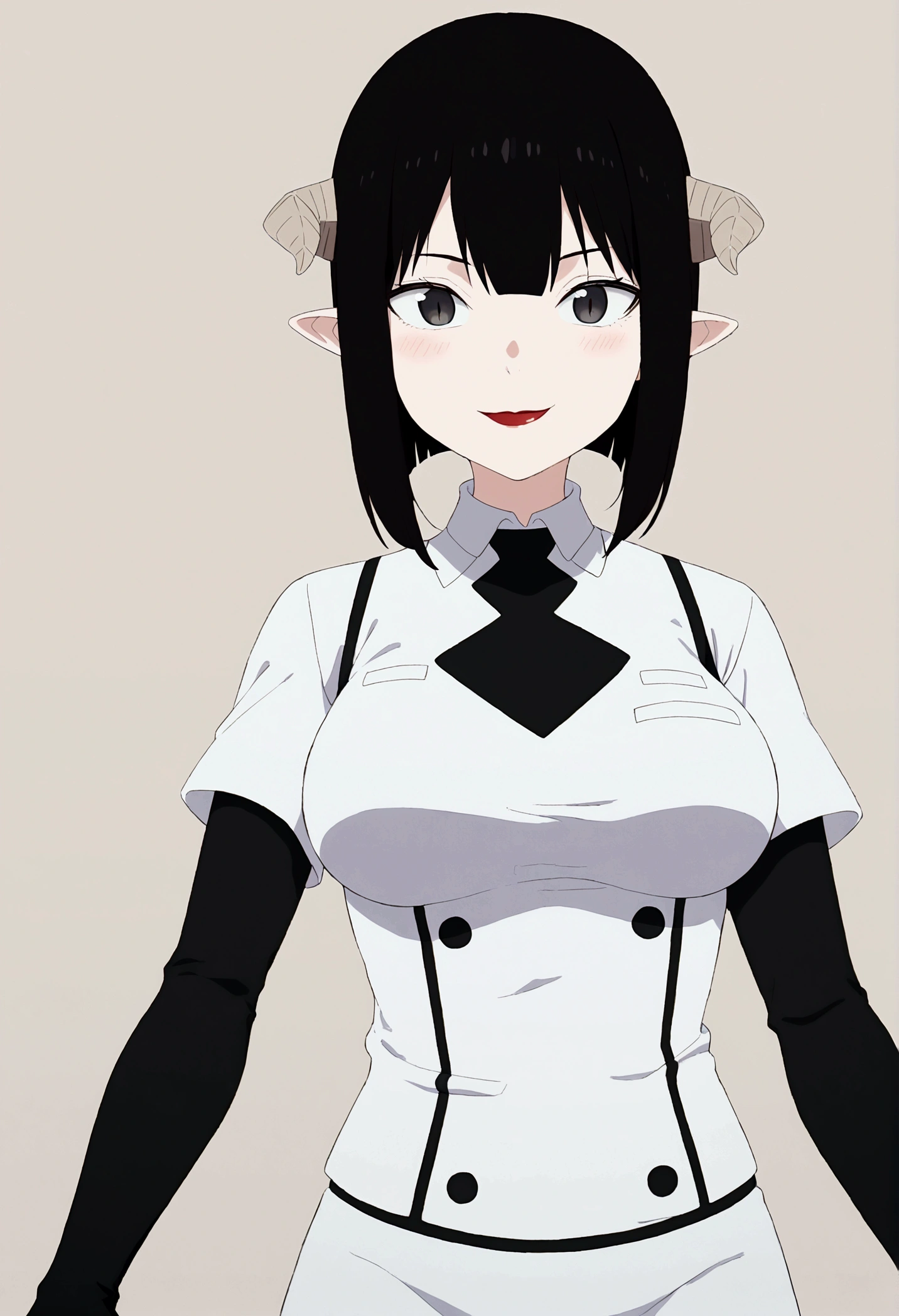 black hairband, headband, female,hair between the eyes, ashen hair, shorth hair,grey-eyed ,rocket team,rocket team uniform,white skirt,top cut,blackstockings,black elbow gloves,demon horns,blushed,ssmile,alone,Bblack hair,Red R on chest
