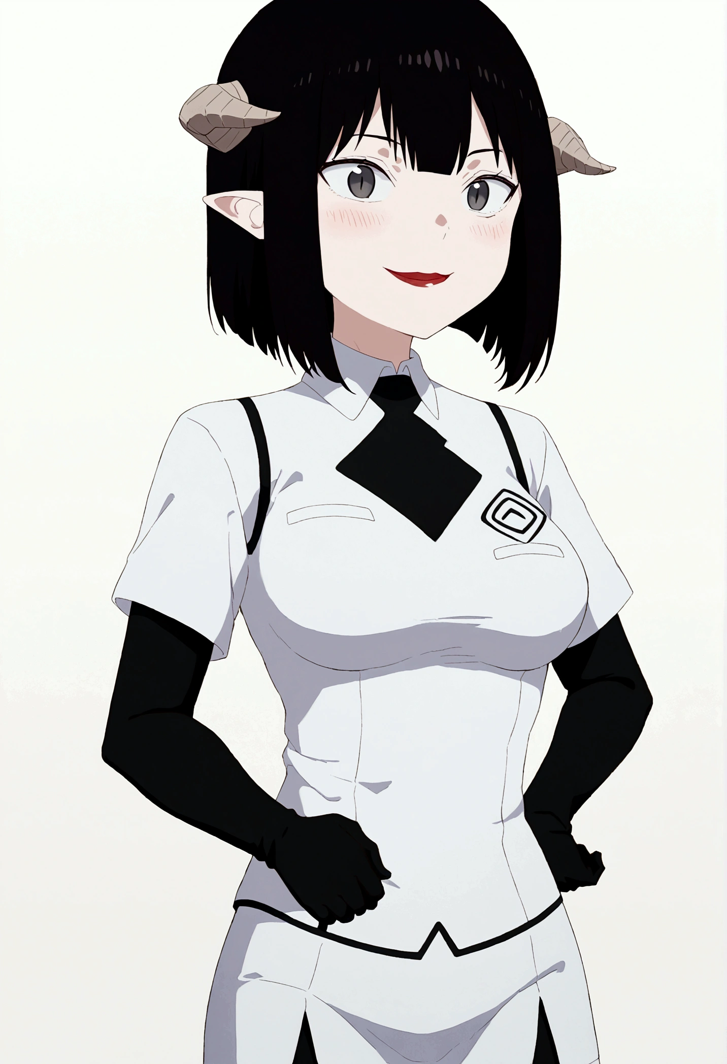 black hairband, headband, female,hair between the eyes, ashen hair, shorth hair,grey-eyed ,rocket team,rocket team uniform,white skirt,top cut,blackstockings,black elbow gloves,demon horns,blushed,ssmile,alone,Bblack hair,Red R on chest
