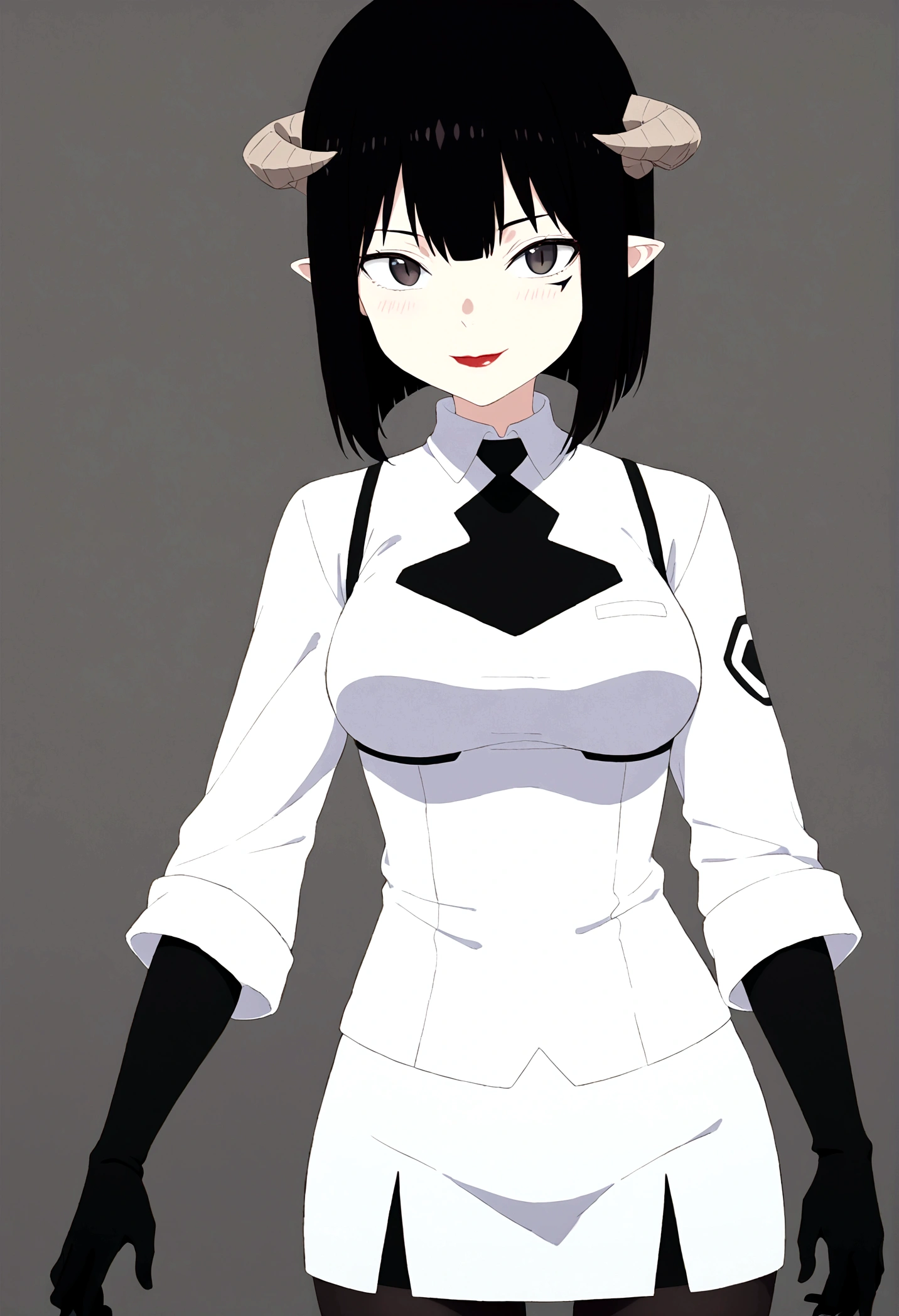 black hairband, headband, female,hair between the eyes, ashen hair, shorth hair,grey-eyed ,rocket team,rocket team uniform,white skirt,top cut,blackstockings,black elbow gloves,demon horns,blushed,ssmile,alone,Bblack hair,Red R on chest
