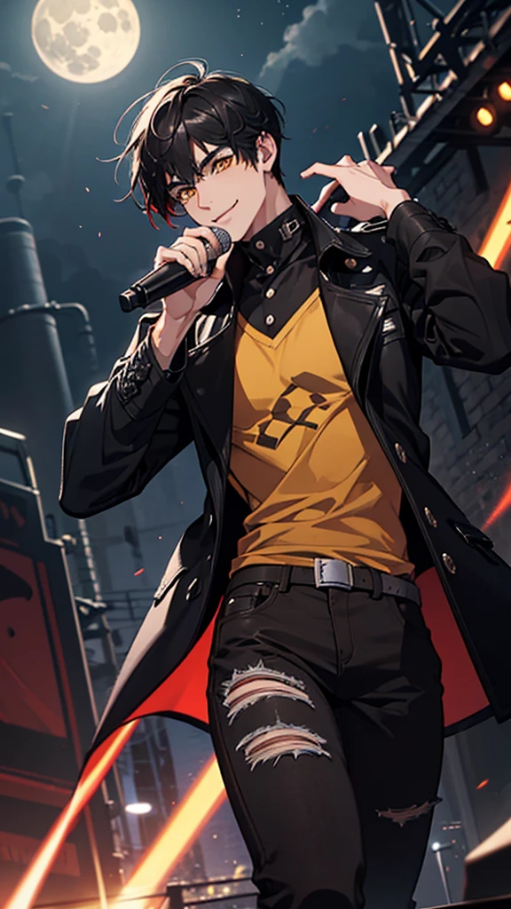 Young man, attractive and manly, black hair with bright red highlights, long bangs and long sideburns, flirtatious and cheeky smile, bright yellow eyes, slim and marked body, unbuttoned black shirt, ripped jeans, black leather trench coat, waders, in the background a rock music stage with lights and musical instruments, he holds a microphone in his right hand. The dark sky and a full moon