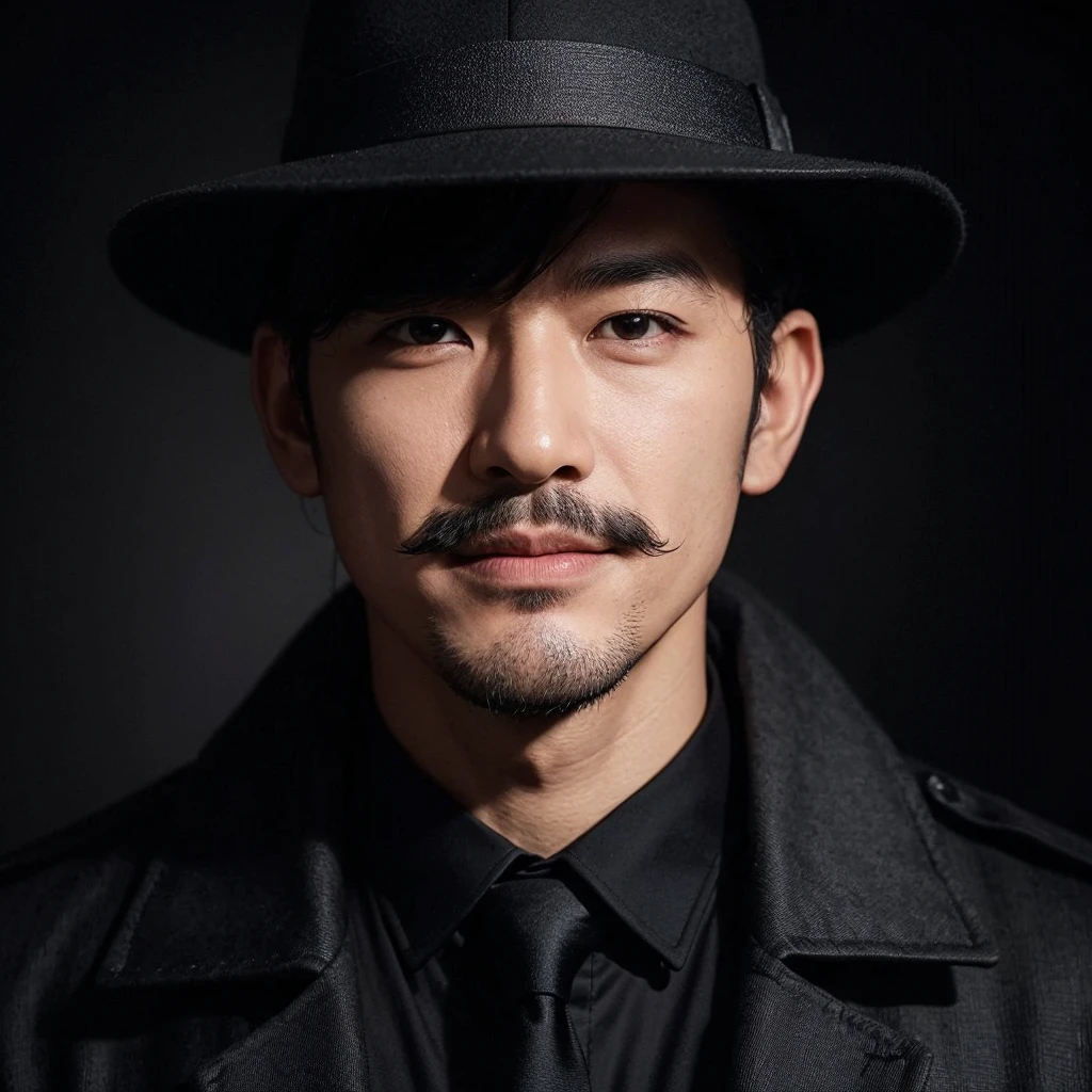 Professional photorealistic depiction of a black backgrond,a korean man slightly beard and moustache,dressed like detective completely in black ,his clothes blend completely in the background.half of his face (45 degrees from above to bottom) is visible and one strand of his slightly chubby face,the rest in covered by the big hat detective, it blends into the background,the expression of a small smile,satisfaction from solving the case.4K,ULTRA HD,PHOTOGRAPHY