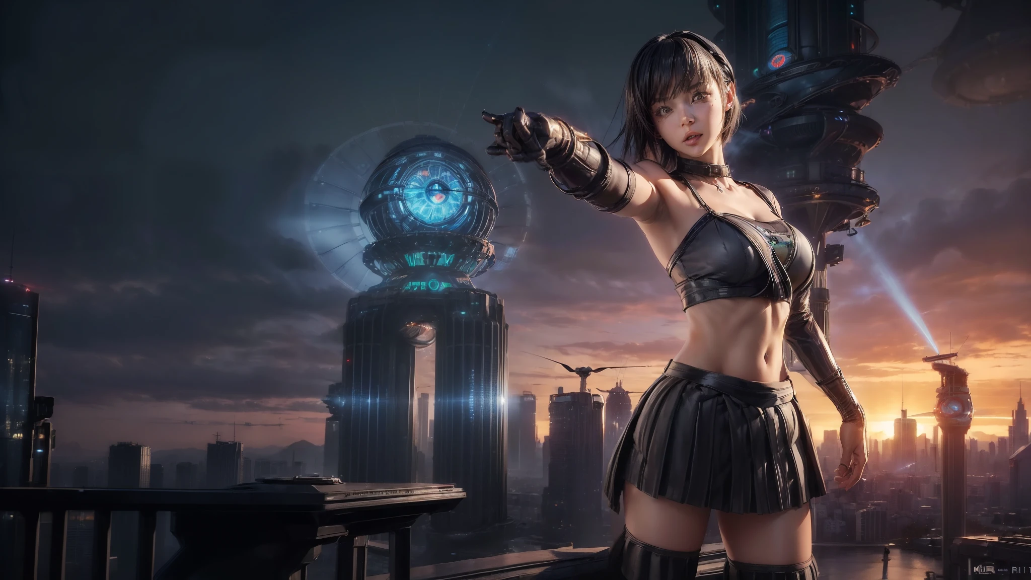 At night, (((aerial view of futuristic sci-fi cyberpunk city, skyscrapers, (((flying cars))), (vortex-spirit-spreading giant hologram (((clock tower))) as time machine), high quality))). Matrix style, (1girl, solo), photo realistic, (((large-breast:1.2 slim body, cleavage:1.3, perfect face, tube top, short pleated (((miniskirt)))))), (((((matrix style black (sunglasses), aiming at viewer with a (mini rifle):0.3))))), (((dynamic pose, half-body (thigh level) medium shot))), cinematic lighting.