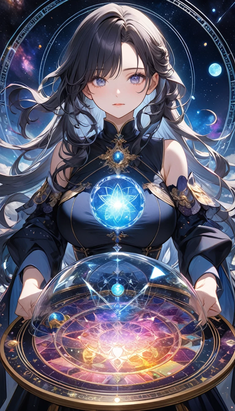 最Highest quality, Highest quality, 16K, Unbelievably absurd, Very detailed, 2.5D, delicate and dynamic, , formal, universe, Night Sky, Crescent Moon, constellation, Gorgeous nebula, meteor, lake, lake面に月が映る, Tarot Cards, Giant magic circle, A complex magic circle, Colorful magic circle, A colorful celestial globe, Small face, Very delicate facial expressions, Delicate eye depiction, Upper body close-up, erotic, One sexy woman, Cool woman, black long wavy hair, Healthy body shape, 25-year-old woman, Cool woman, Height: 170cm, huge bouncing busts, astrologer, Horoscope, Tarot Cards, Calm expression, A complex magician&#39;s outfit, Magician&#39;s outfit in chic colors, garter belt, Fishnet tights, Magician&#39;s Shoes, Fortune telling, Declare, Tarot Cardsを配る, Tarot Cardsをばらまく