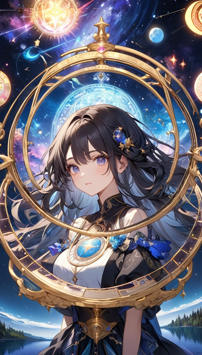 最Highest quality, Highest quality, 16K, Unbelievably absurd, Very detailed, 2.5D, delicate and dynamic, , formal, universe, Night Sky, Crescent Moon, constellation, Gorgeous nebula, meteor, lake, lake面に月が映る, Tarot Cards, Giant magic circle, A complex magic circle, Colorful magic circle, A colorful celestial globe, Small face, Very delicate facial expressions, Delicate eye depiction, Upper body close-up, erotic, One sexy woman, Cool woman, black long wavy hair, Healthy body shape, 25-year-old woman, Cool woman, Height: 170cm, huge bouncing busts, astrologer, Horoscope, Tarot Cards, Calm expression, A complex magician&#39;s outfit, Magician&#39;s outfit in chic colors, garter belt, Fishnet tights, Magician&#39;s Shoes, Fortune telling, Declare, Tarot Cardsを配る, Tarot Cardsをばらまく