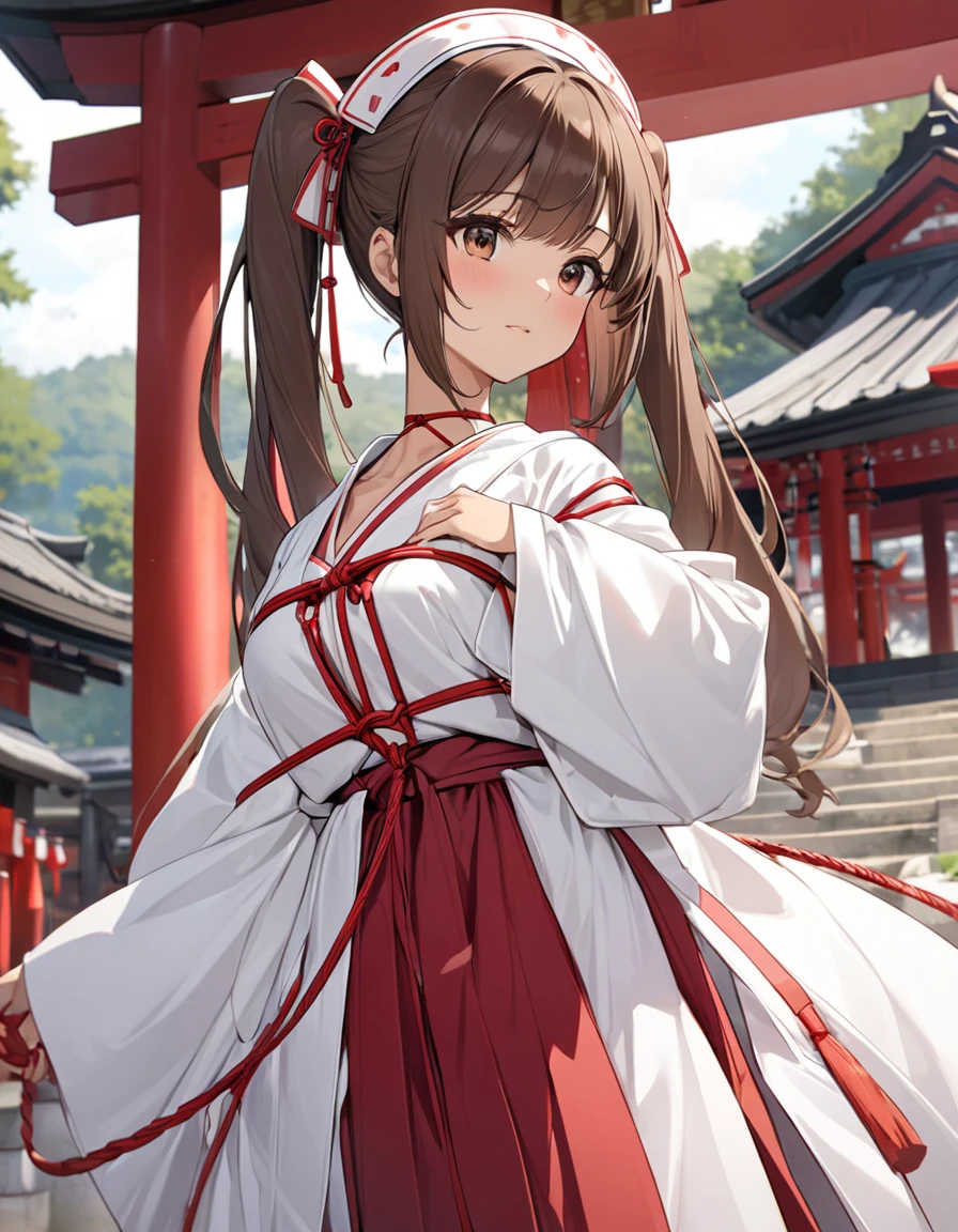 BREAK Perfect Anatomy、(High resolution:1.2)、Incredible illustrations、(Cute illustrations:1.2)、(nfsw)
(cinematic angle,solo focus,) （Beautiful background（Shrine grounds),
  1girl(brown hair,twin tails, tanned skin: 1.3) 1girl((a girl,slender 1.7meters, 45kg,   (Shrine maiden costume (white coat, scarlet hakama, tabi)(see through,bondage:1.8,oversized clothes), lingerie), 
