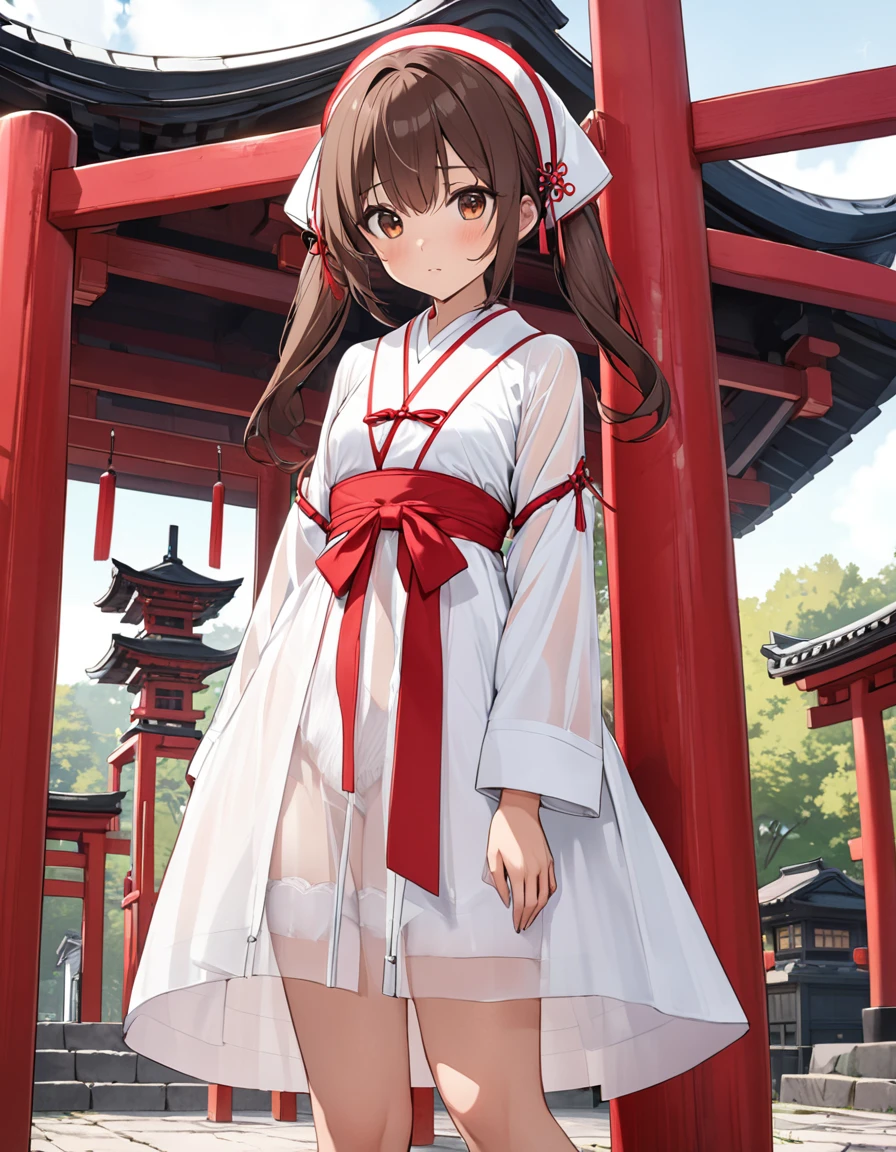 BREAK Perfect Anatomy、(High resolution:1.2)、Incredible illustrations、(Cute illustrations:1.2)、(nfsw)
(cinematic angle,solo focus,) (Beautiful background(Shrine grounds),
1girl(brown hair,twin tails, tanned skin: 1.3) 1girl((a girl,slender 1.7meters, 45kg, (Shrine maiden costume (white coat, scarlet hakama, tabi)(see through,bondage:1.8,oversized clothes), lingerie),