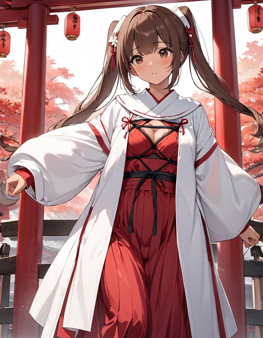 BREAK Perfect Anatomy、(High resolution:1.2)、Incredible illustrations、(Cute illustrations:1.2)、(nfsw)
(cinematic angle,solo focus,) (Beautiful background(Shrine grounds),
1girl(brown hair,twin tails, tanned skin: 1.3) 1girl((a girl,slender 1.7meters, 45kg, (Shrine maiden costume (white coat, scarlet hakama, tabi)(see through,bondage:1.8,oversized clothes), lingerie),