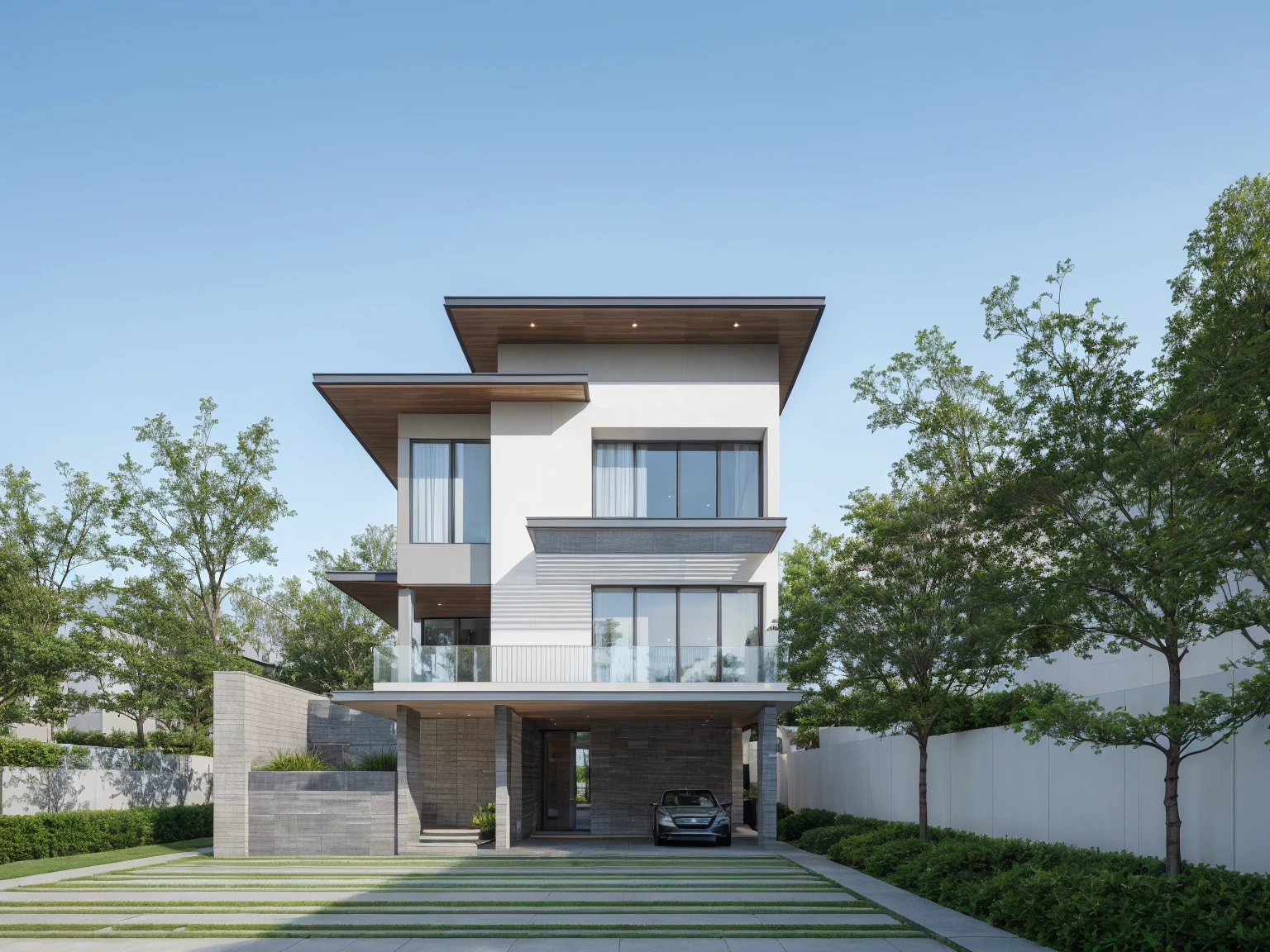 RAW photo, Exterior of two story white modern house, road, ((sidewalk)), ((sidewalk trees)), residences area, day time, tropical trees and plants, (high detailed:1.2), 8k uhd, dslr, soft lighting, high quality, film grain, Fujifilm XT3)