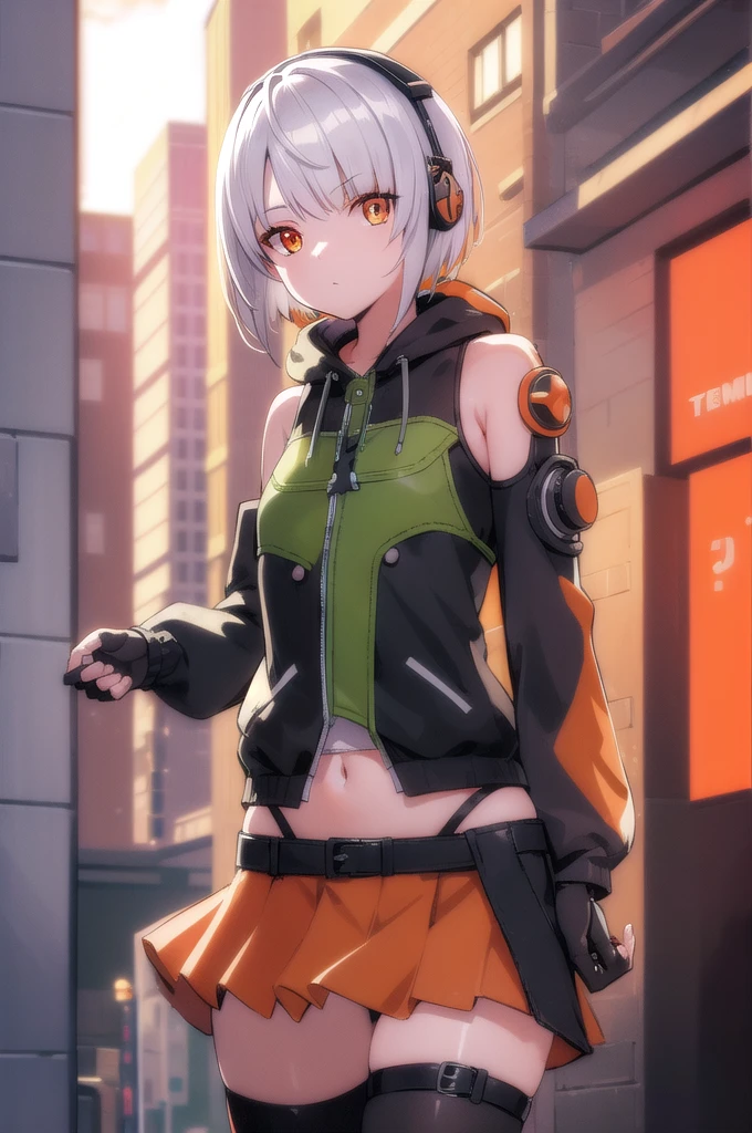 anbydemara, anby demara, (orange eyes:1.5), short hair, white hair,
BREAK bare shoulders, black gloves, black skirt, black thighhighs, fingerless gloves, gloves, green jacket, headphones, jacket, navel, skirt, stomach, thighhighs,
BREAK outdoors, city, sky, clouds, sun, buildings, crowd, people, alley,
BREAK looking at viewer, (cowboy shot:1.5),
BREAK (masterpiece:1.2), best quality, high resolution, unity 8k wallpaper, (illustration:0.8), (beautiful detailed eyes:1.6), extremely detailed face, perfect lighting, extremely detailed CG, (perfect hands, perfect anatomy),