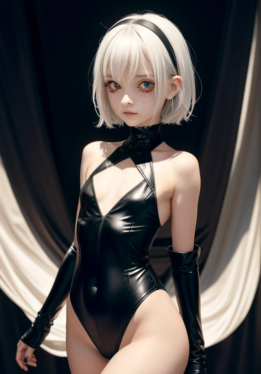 ,flat chested, flat stomach, tiny body, small stature, high quality image of an anime-style gothic girl, the girl has a very thin body, the girl has short legs, fine and thin face, her face is sad, the girl has white skin, the girl has very small breasts, The girl is slightly blushing, the girl has little ears, the girl has white hair, the girl has short hair, the girl is posing sexy, the girl is wearing a sexy black tight leotard, the girl's eyes are bright red, the girl has very marked black eyeliner, The background of the image is a night garden with luminous ghosts,