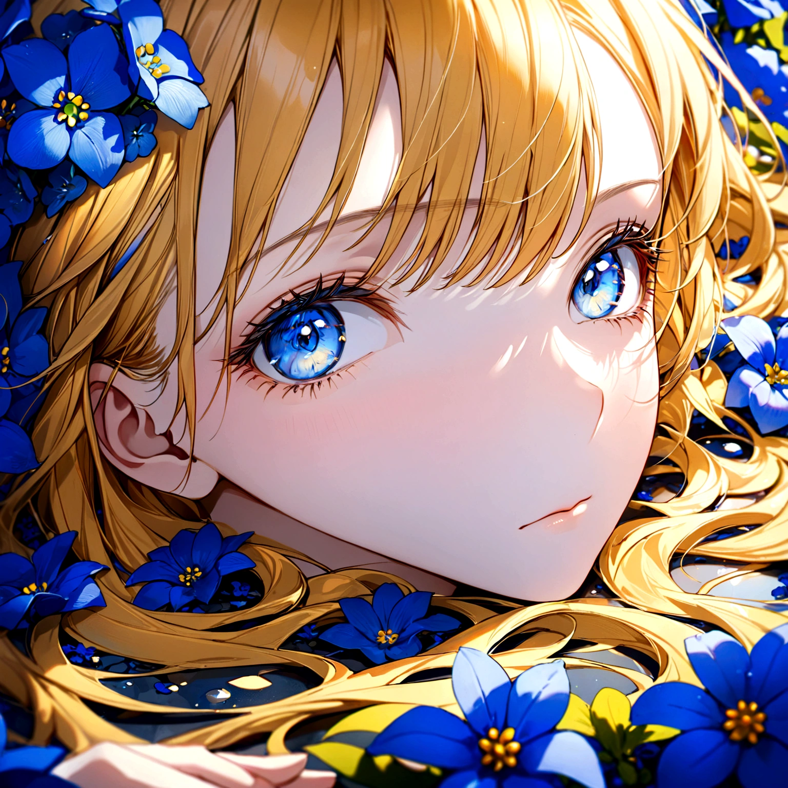 ((masterpiece:1.2, best quality)), (close-up:1.2), (head-shot:1.36), (perfect proportion, perfect face), ultra detailed, Ultra-precise depiction, Ultra-detailed depiction, dramatic lighting, 1girl, solo, yellow hair, blue eyes, laying on MANY blue flowers