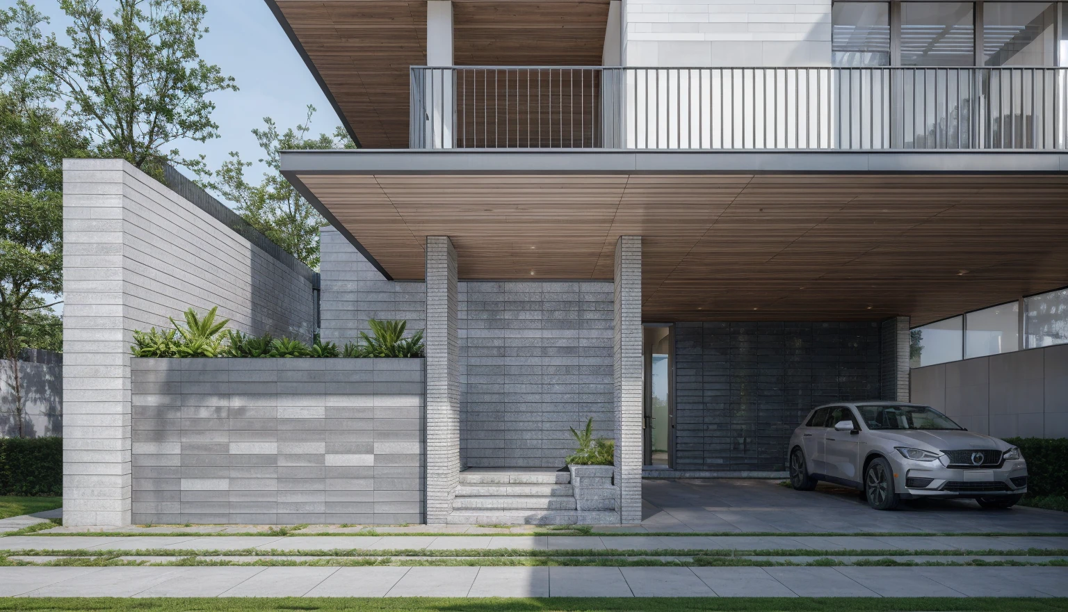 RAW photo, Exterior of two story white modern house, road, ((sidewalk)), ((sidewalk trees)), residences area, day time, tropical trees and plants, (high detailed:1.2), 8k uhd, dslr, soft lighting, high quality, film grain, Fujifilm XT3)