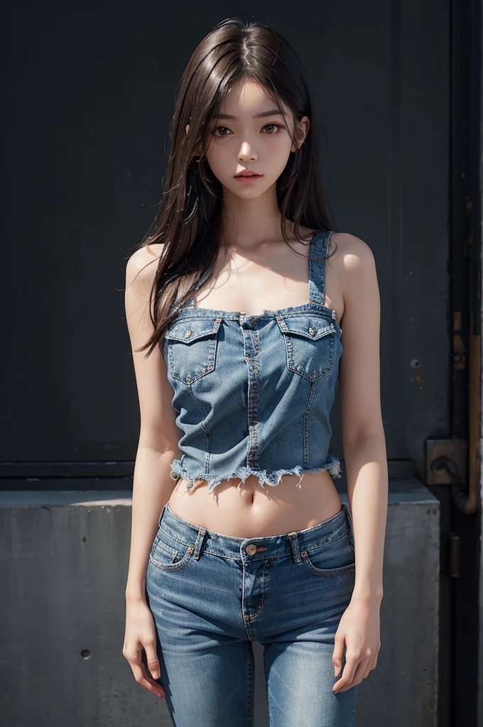 girl with a perfect figure, blue short jean, long hair, high contrast (Natural skin texture, Hyperrealism, Soft Light, sharp), portrait, full body, standing