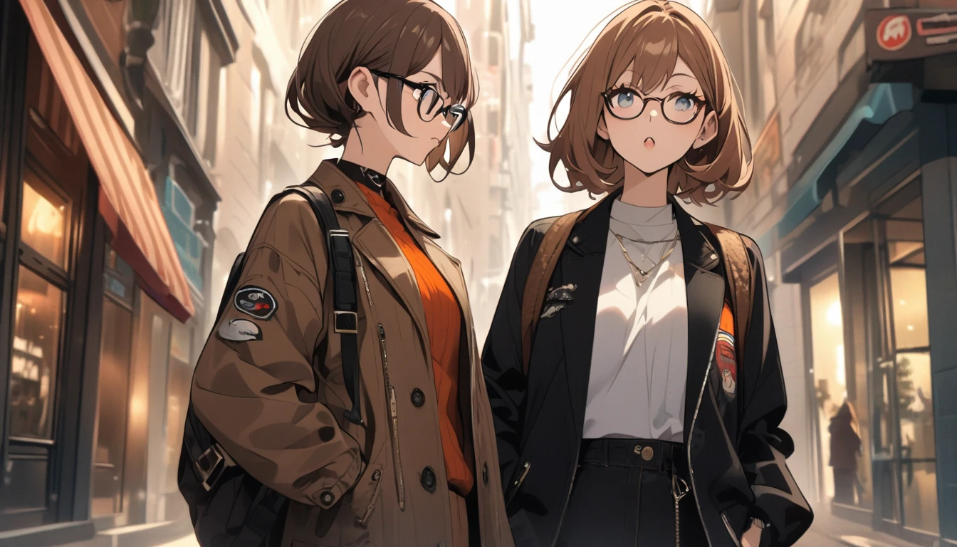 diagonal, Streetscape、Brown Hair、bright、Glasses、woman、Jacket、stylish