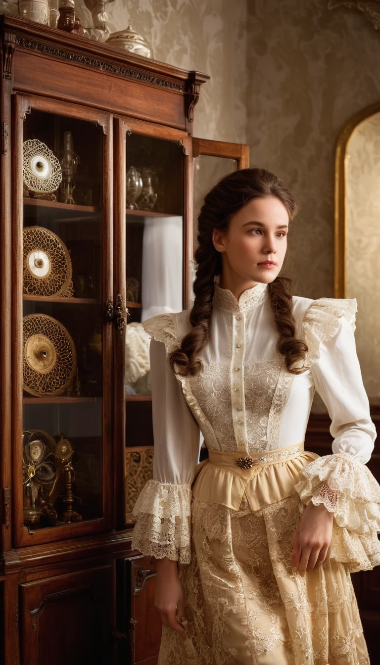 Dynamic pose, dynamic angle. Photo of a young woman standing in a vintage room filled with wooden display cabinets and various antique items. The woman is wearing a Victorian-style outfit, consisting of a white blouse with ruffled sleeves and a high neckline, paired with a full-length golden skirt that has lace detailing. She holds a white laced fan. The lighting is warm and ambient, highlighting the red tones of the wood and creating soft shadows around the room. Properties include intricate woodwork on the cabinets and reflective glass surfaces showcasing antique objects inside. The camera angle is from behind at eye level, capturing both the subject's attire and surrounding details., hyper realistic, ultra detailed hyper realistic, photorealistic, Studio Lighting, reflections, dynamic pose, Cinematic, Color Grading, Photography, Shot on 50mm lens, Ultra-Wide Angle, Depth of Field, hyper-detailed, beautifully color, 8k
