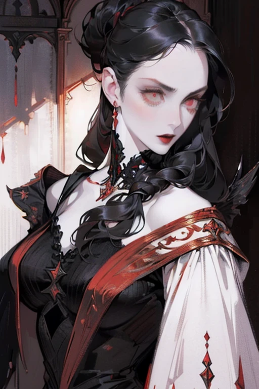 (close-up of woman's face:1.4),((ultra realistic illustration:1.2)),(dark fantasy:1.4), (seductive, malevolent desire). In a ornate bed chamber. Beautiful vampiress. long black hair, red eyes, ((very pale:1.4)), beautifully fit figure, natural perky breasts. Blood red lipstick, long sheer gown, .Masterpiece, (highly detailed:1.2),(detailed face and eyes:1.2), 8k wallpaper, natural lighting. core shadows, high contrast, bokeh.