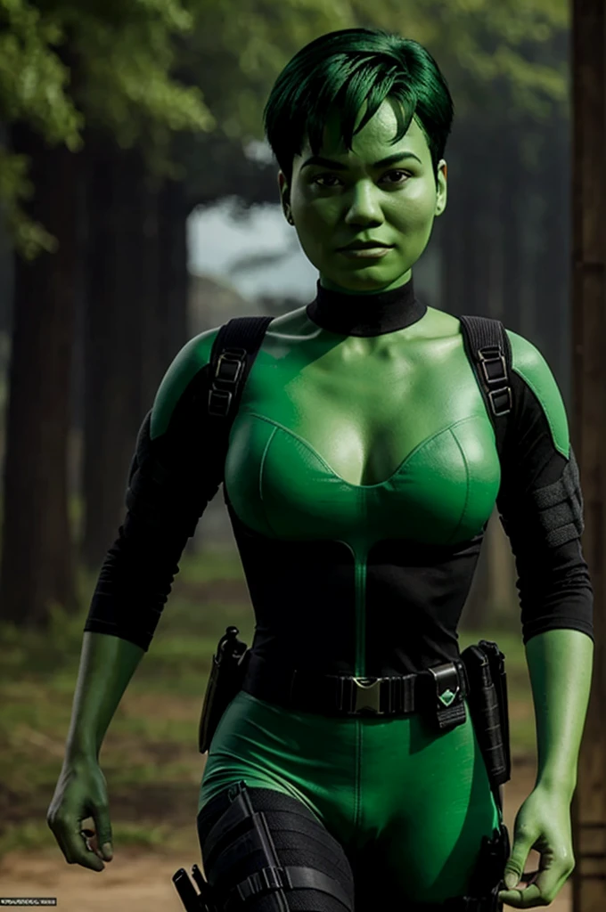 ultra detailed, masterpiece, best quality, solo, 
 D0tMatrix, green skin, green hair, tactical clothes, black bodysuit,