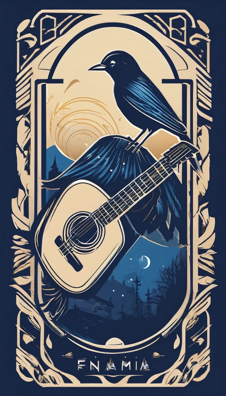 Create a minimalistic, simple, fantastic, easy to understand, logo design of a boy and a feather for an upcoming Role Playing Game called " Penamemoria". The game is about a world of bird and feathers and the inspirational, creative journey of a boy and his acoustic guitar. A boy enters that world and discovers his true artistic identity. Create a logo design that transmits the essence of this videogame and this world. It´s a fantasy game, with fantasy elements. Create the minimalistic logo in the center and a fantasy theme as background. Use the colours blue, white, light golden in the logo.
