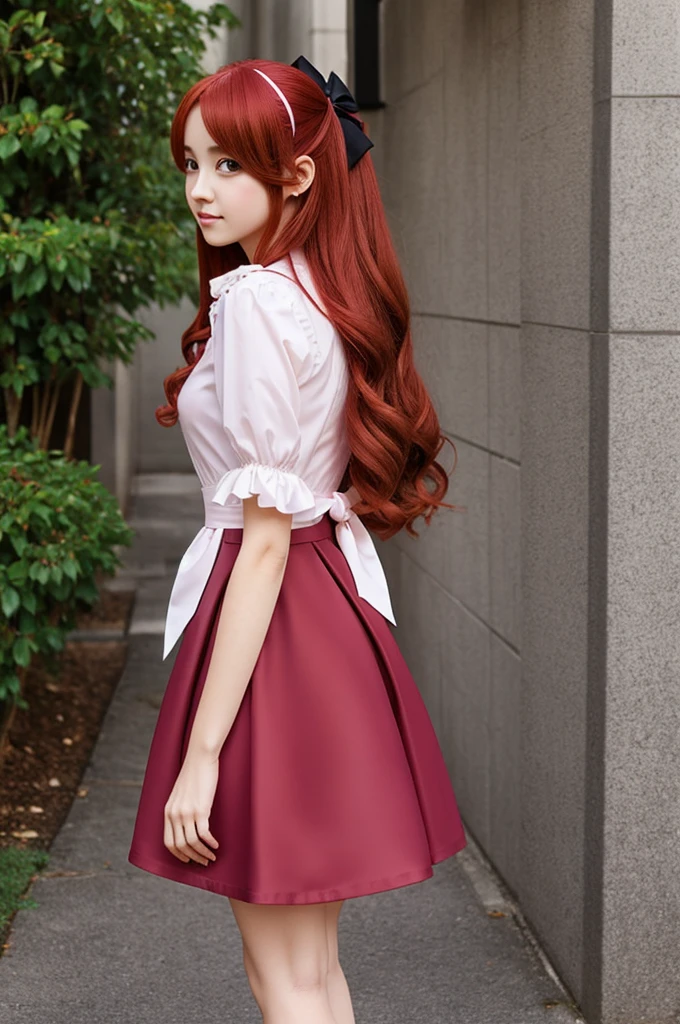 Create a with long red hair, dark brown eyes, pink dress, black shoes and a white bow in her hair anime style