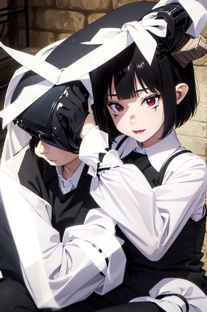 work of art, best qualityer, high resolution, 1girl horns short hair demon tail, white shirt black ascot black gloves black pants black vest lying on your back, sheet, arms up,blushed,face red,Hands behind the head,ssmile,Bblack hair
