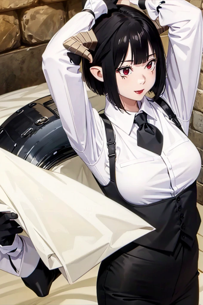 work of art, best qualityer, high resolution, 1girl horns short hair demon tail, white shirt black ascot black gloves black pants black vest lying on your back, sheet, arms up,blushed,face red,Hands behind the head,ssmile,Bblack hair
